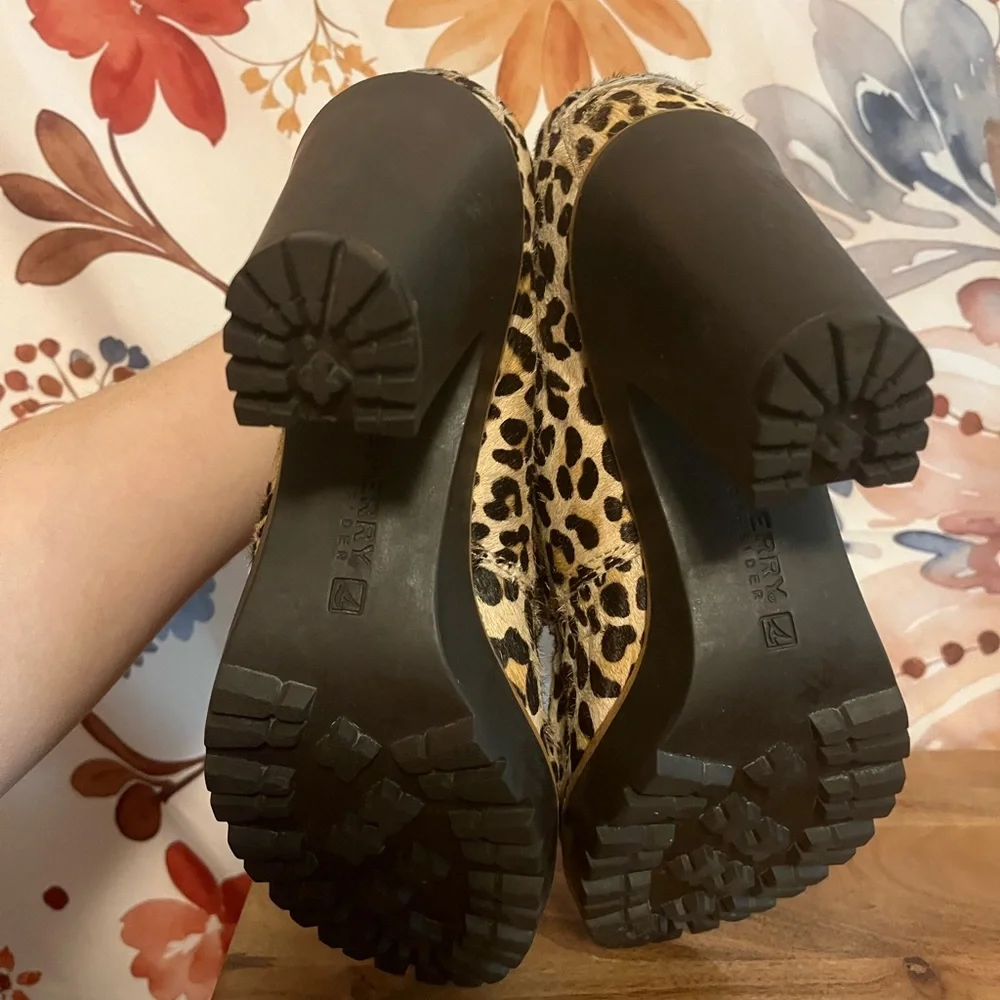 Sperry Princeton Womens 9M Leopard Leather Faux Fur Chunky Heel Fall Booties